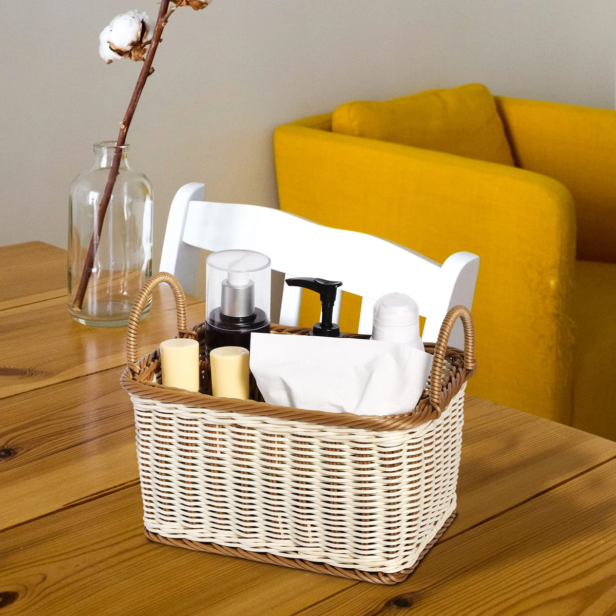 HEMOTON Storage Basket Woven White and Brown Mixed Featuring Handle for Easy Carrying As Kitchen Storage Container Divided Sections for Organizing - image 2