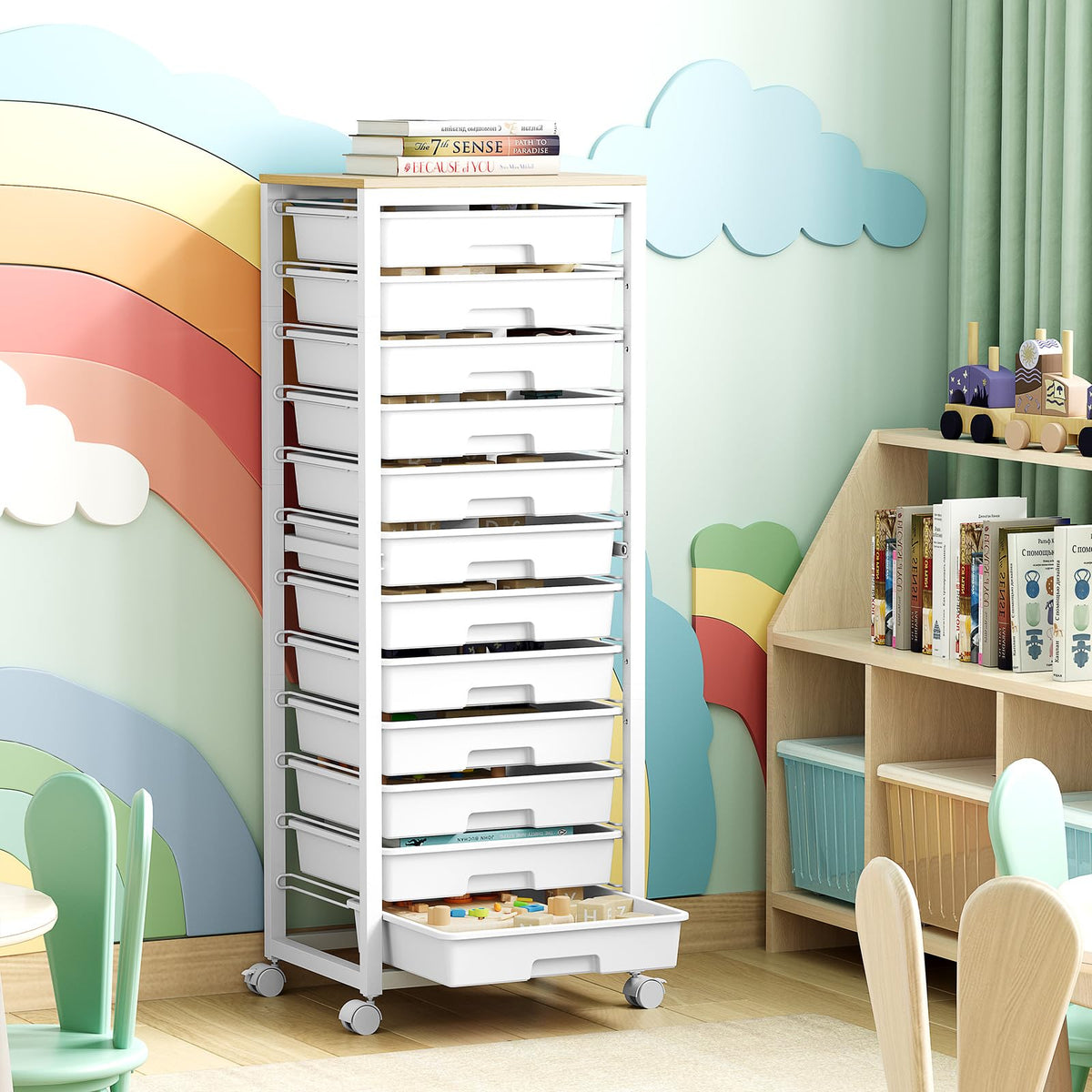 SYKIARIOL 12-Drawer Storage Trolley Rolling Cart with Wooden Top, White - image 2