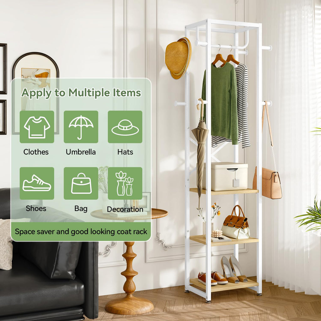 IBUYKE Industrial Coat Rack – Freestanding Hall Tree with 3 Shelves & 8 Hooks