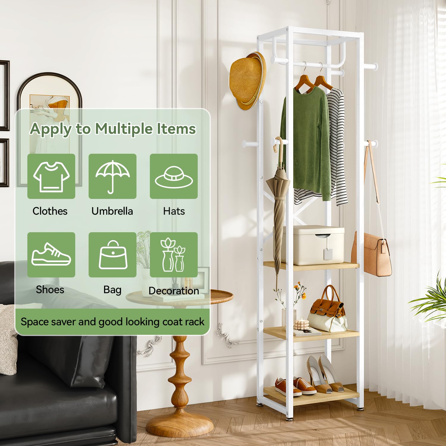 IBUYKE Industrial Coat Rack – Freestanding Hall Tree with 3 Shelves & 8 Hooks
