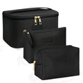 MAANGE 3-Piece PU Leather Makeup Bag Set with Brush Compartment | Black
