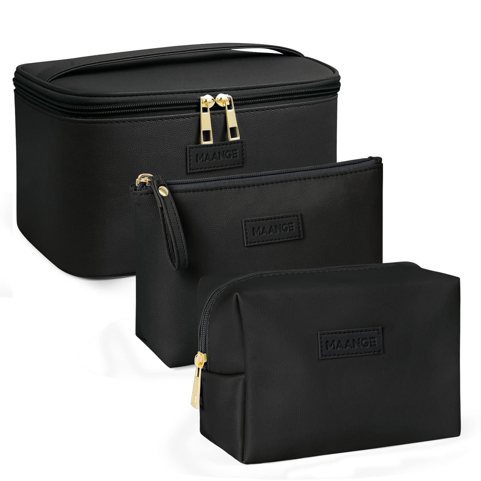 MAANGE 3-Piece PU Leather Makeup Bag Set with Brush Compartment | Black