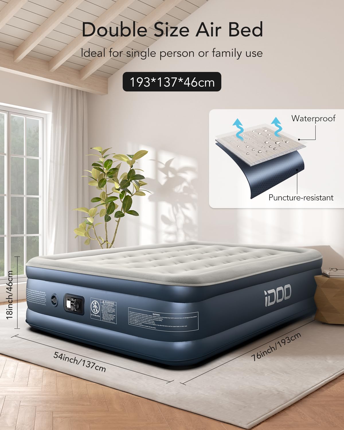 iDOO Double Air Mattress with Built-in Pump | Inflatable Bed for Home & Camping