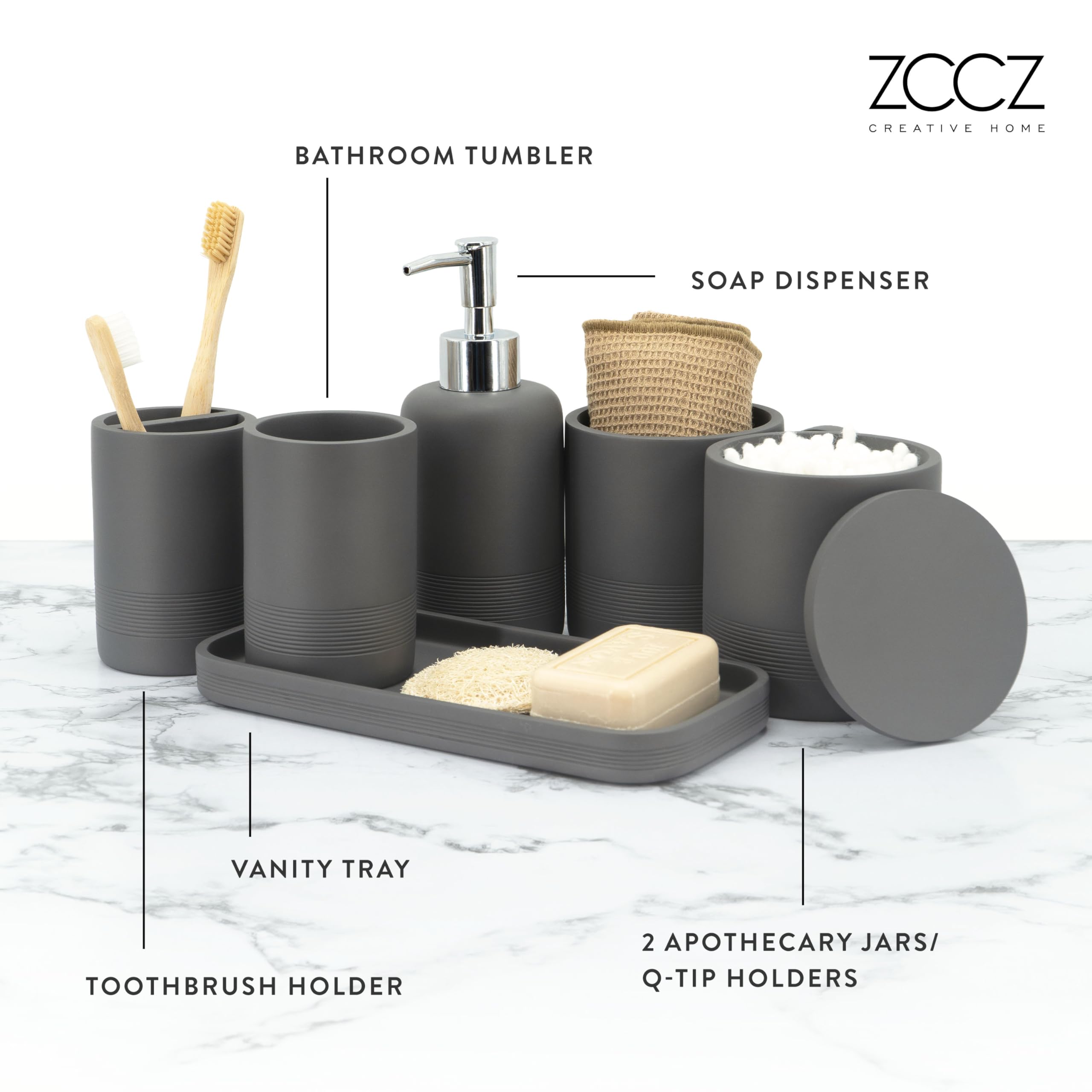 zccz 6-Piece Polyresin Bathroom Accessory Set – Grey Stone Texture