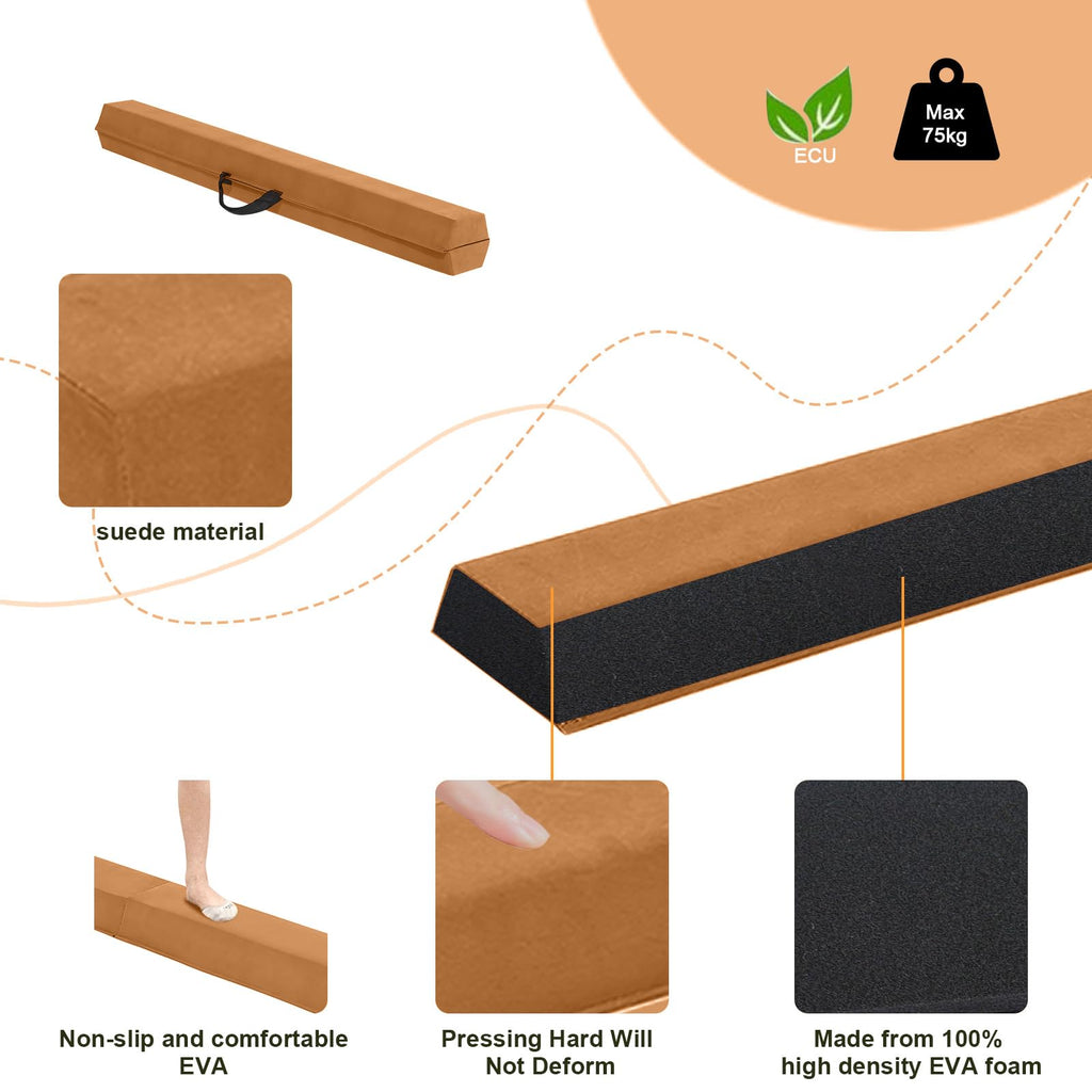 FBSPORT 270cm Folding Gymnastics Balance Beam – Suede Floor Beam, Brown