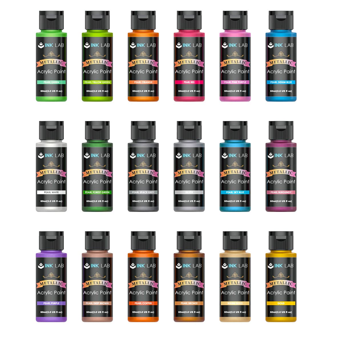 INK LAB Metallic Acrylic Paint Set - 18 Non-Toxic Colors for Canvas & Wood