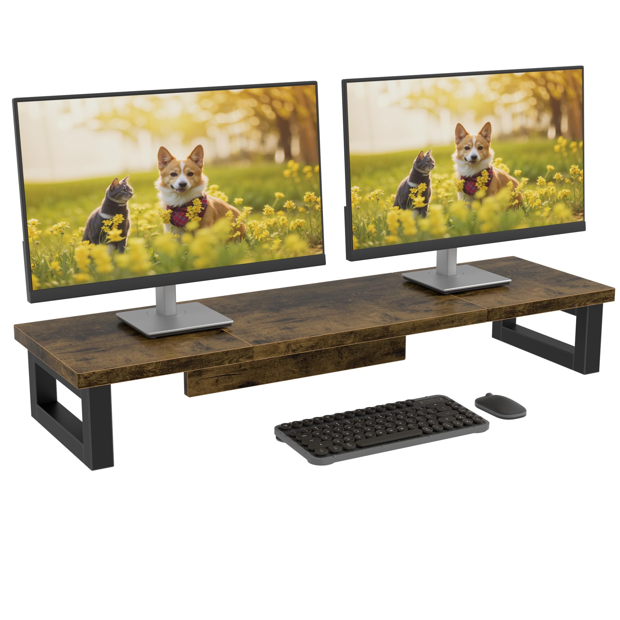OYRREU Dual Monitor Stand Riser – 91x26cm Wooden Desktop Organiser