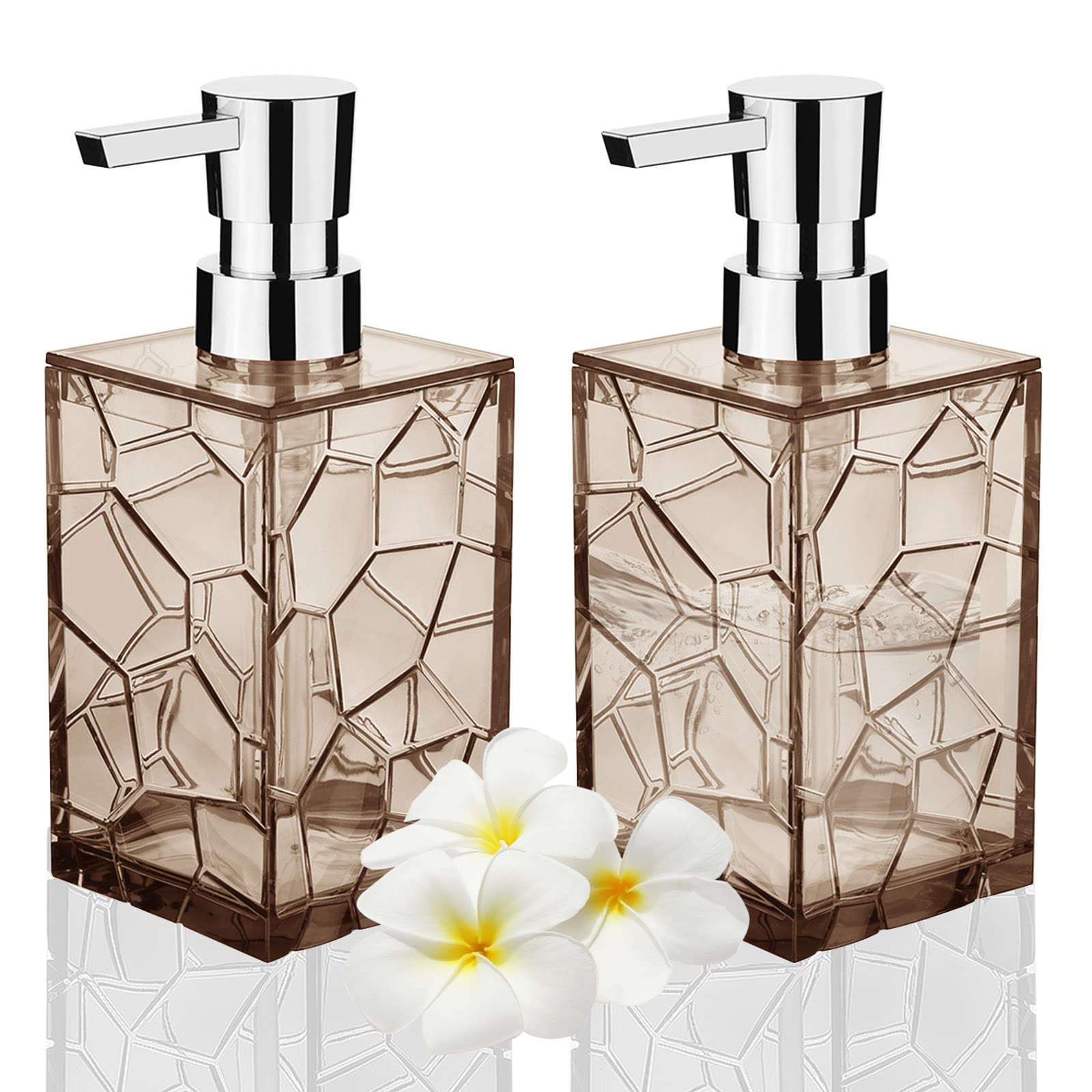 HIYAA 2-Pack Acrylic Soap Dispenser Set - 12oz Amber Refillable Bottles