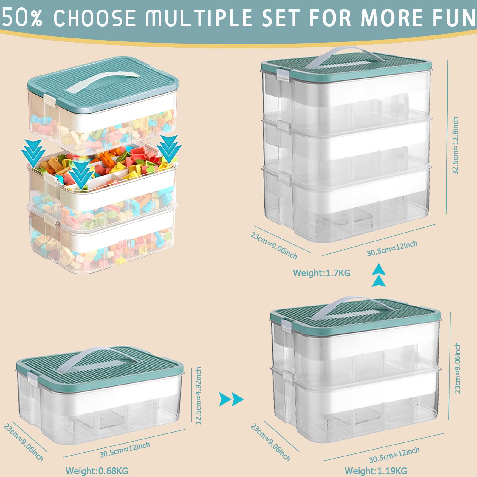 Jolof Store 3-Layer Stackable Toy Storage Box with Building Block Baseplate