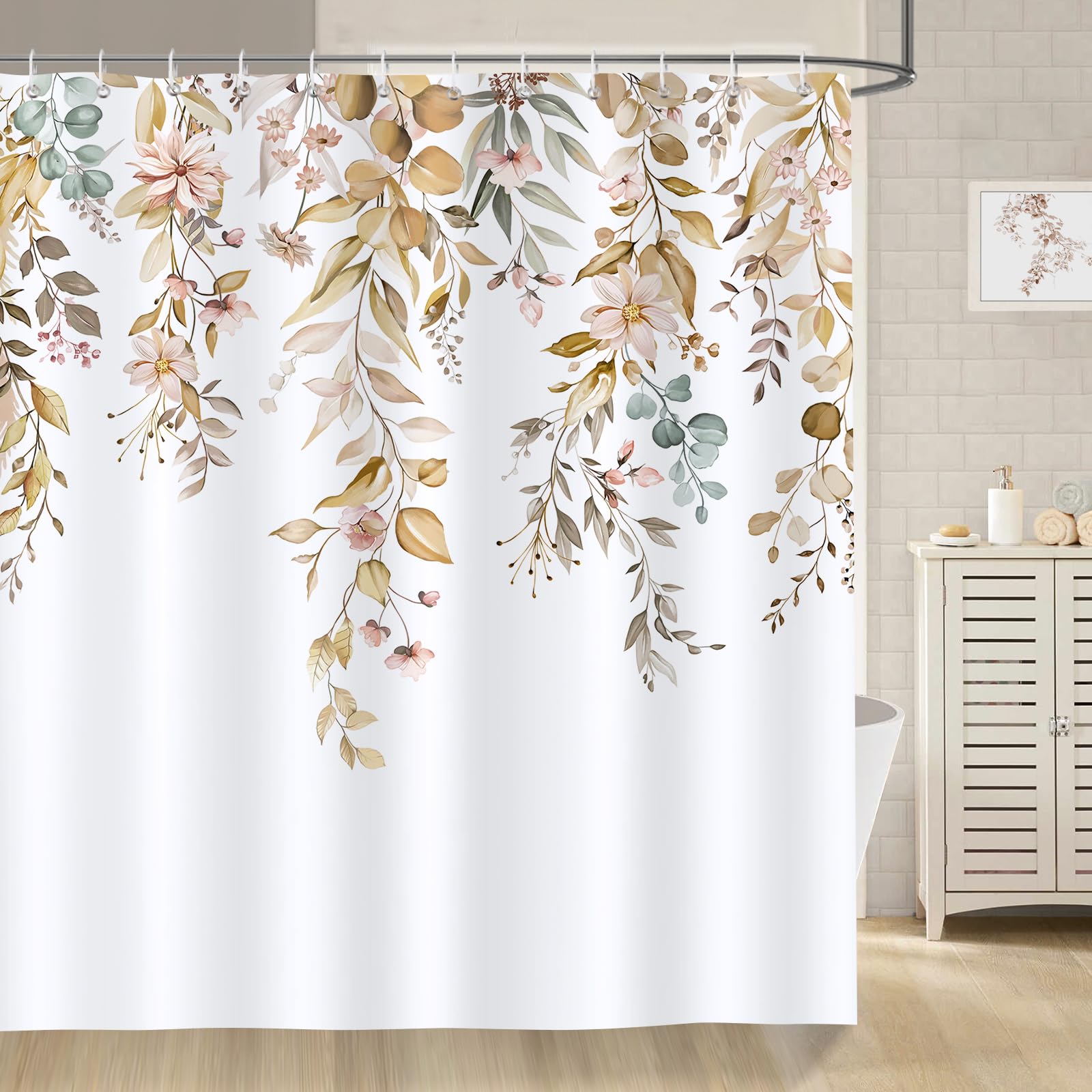 Bonhause Brown Eucalyptus Shower Curtain | Waterproof Polyester, 180x180cm