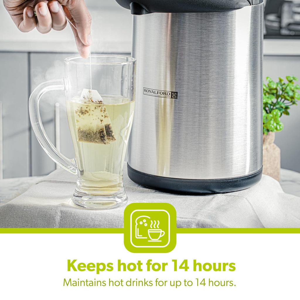 Royalford 5L Stainless Steel Airpot – Pump Action Vacuum Thermal Flask