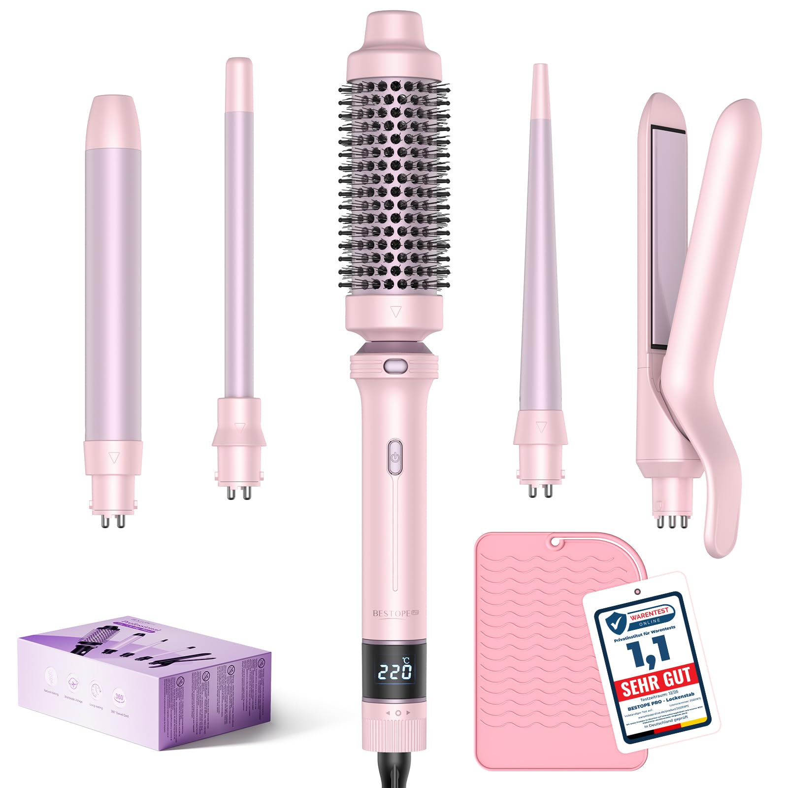 BESTOPE PRO 5-in-1 Hair Curling Wand Set with Thermal Brush - Pink