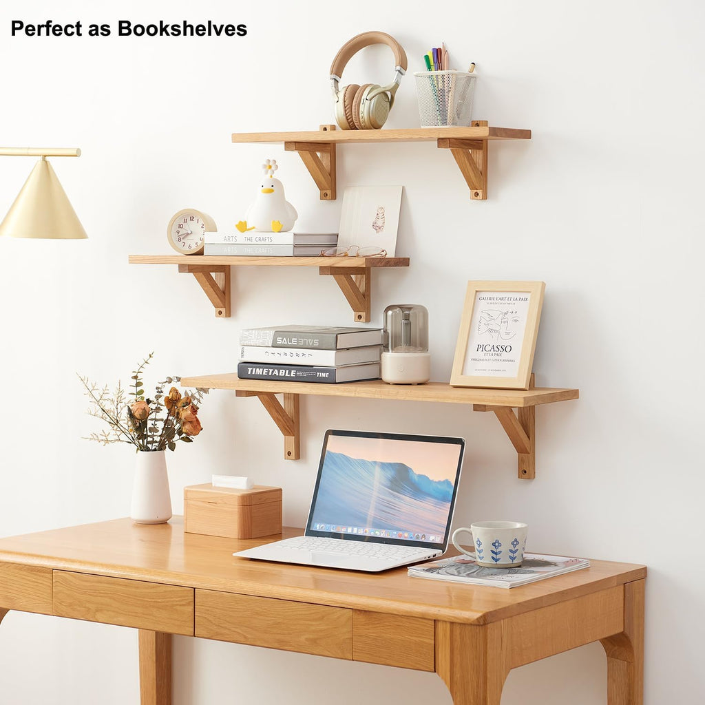 Gieanoo Solid Oak Floating Shelves | Rustic Wood Wall Shelf with Brackets