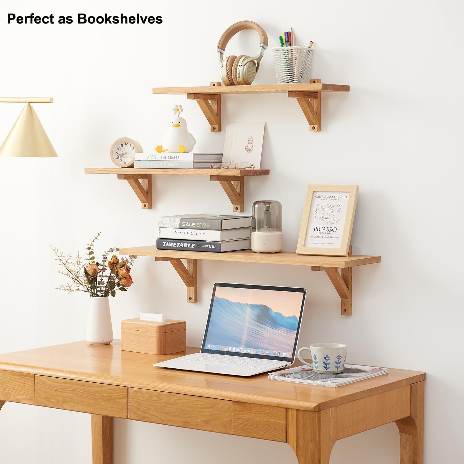 Gieanoo Solid Oak Floating Shelves | Rustic Wood Wall Shelf with Brackets