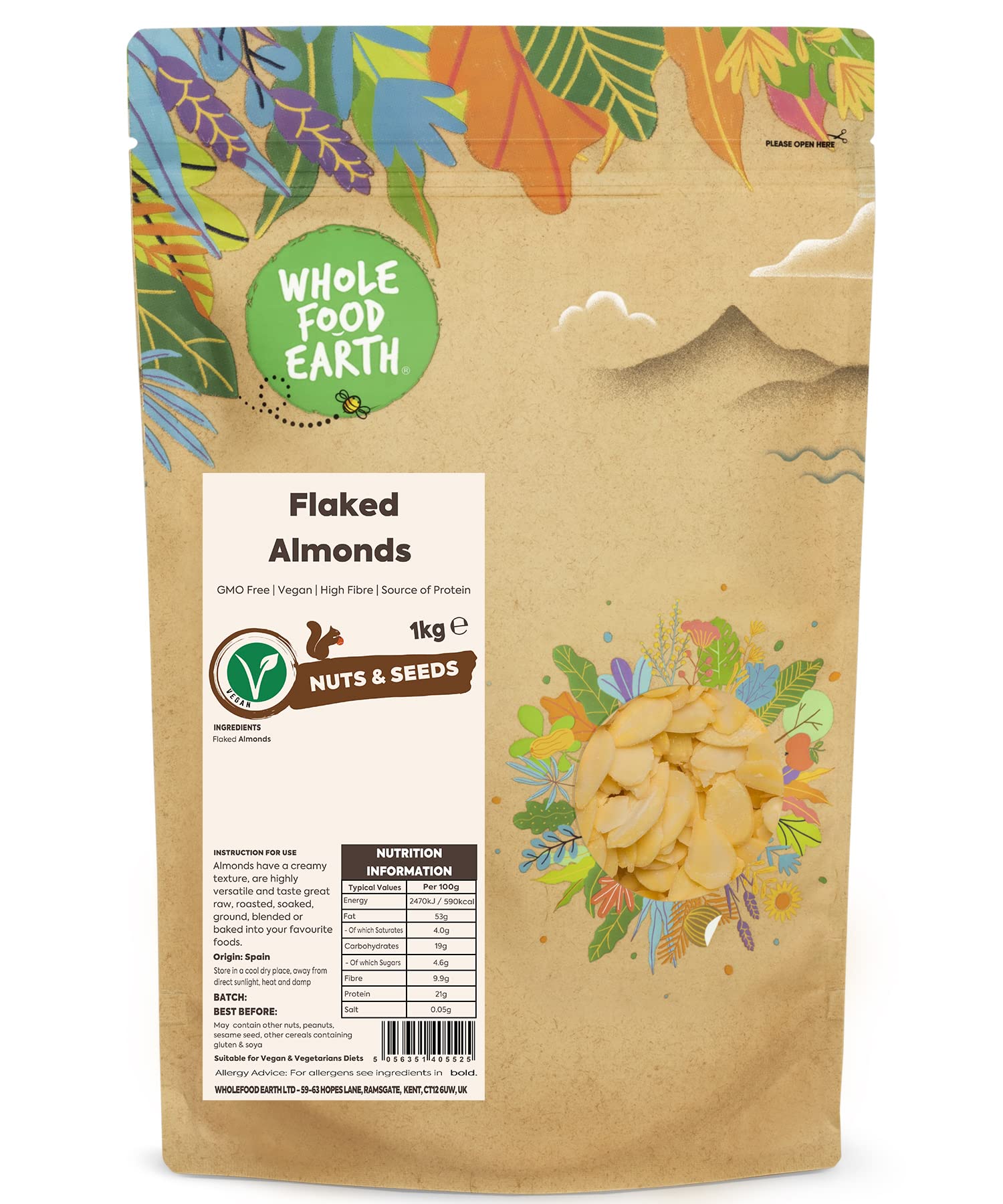 Wholefood Earth Flaked Almonds – 1kg Blanched & GMO-Free Nut Slices