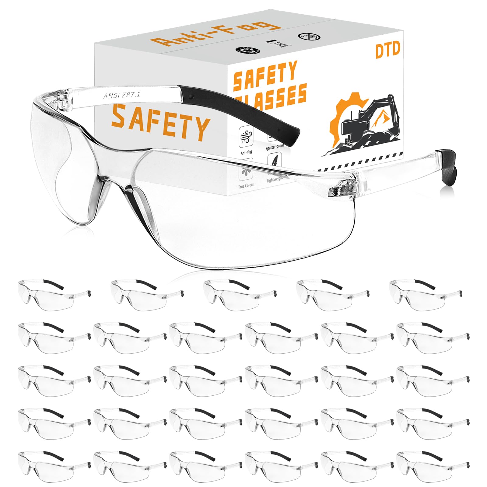 DTD Anti-Fog Safety Glasses – Impact Resistant Protective Eyewear (30 Pack)