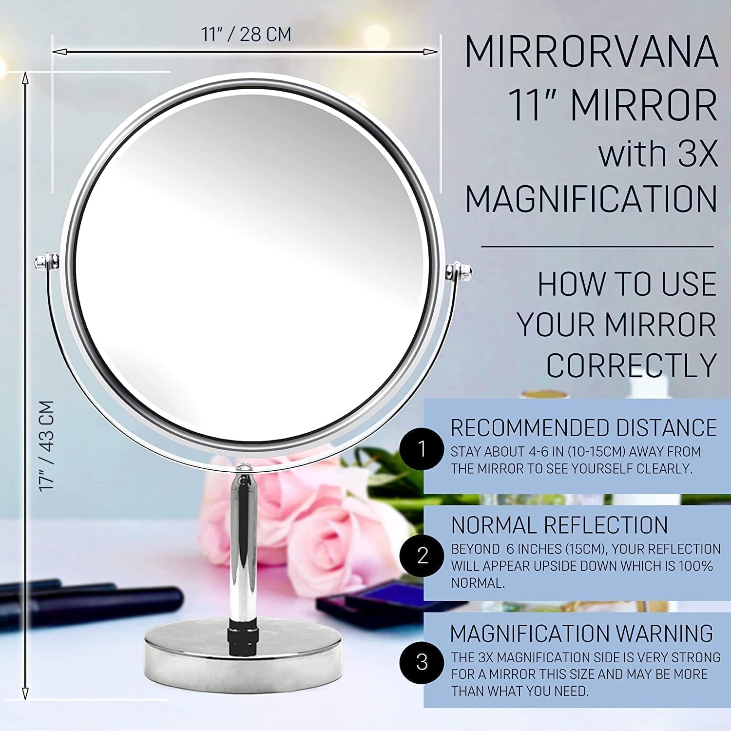 Mirrorvana XXLarge 3X Magnifying Makeup Mirror | Double Sided Vanity Stand