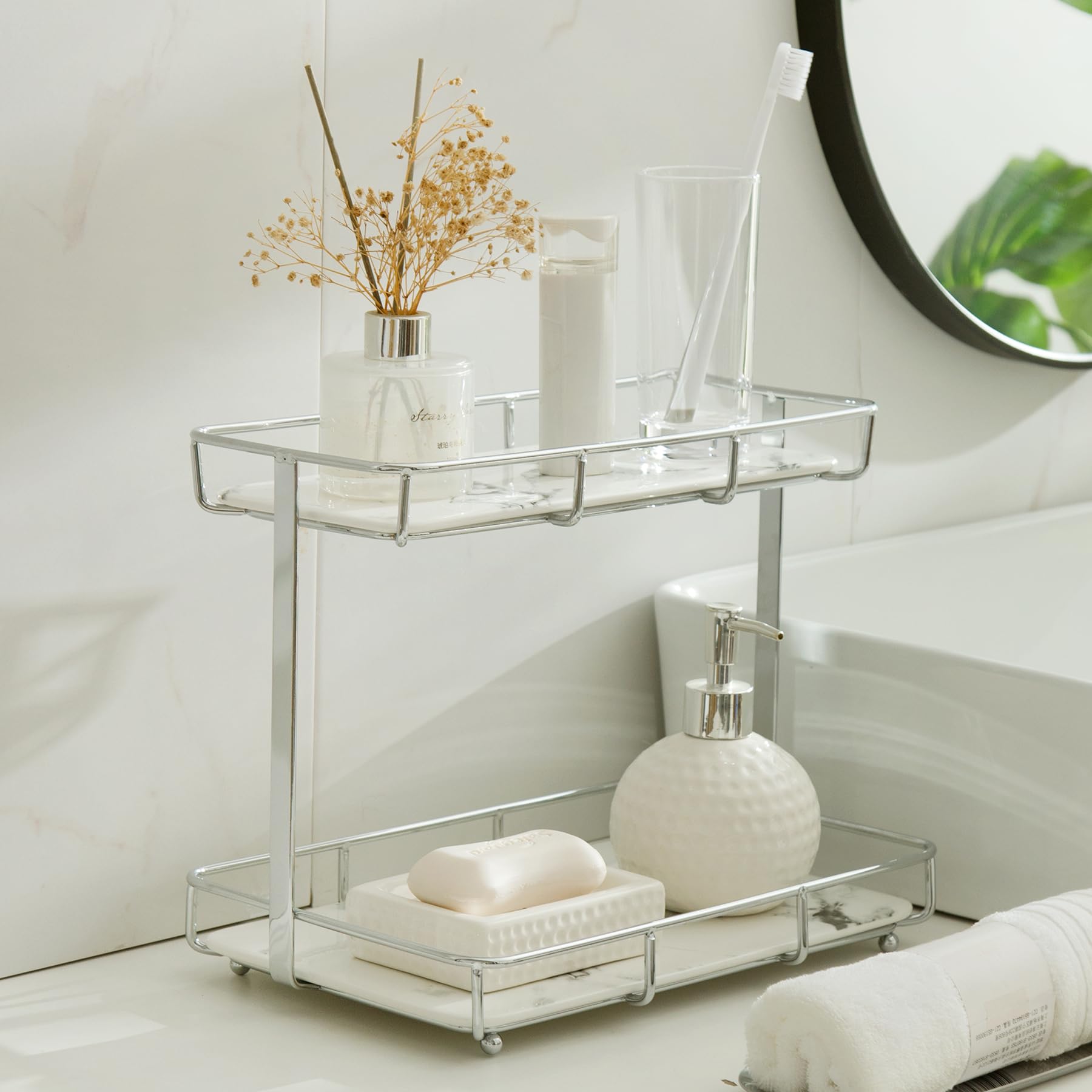 Dobbyby 2-Tier Bathroom Countertop Organizer | Marble & Stainless Steel