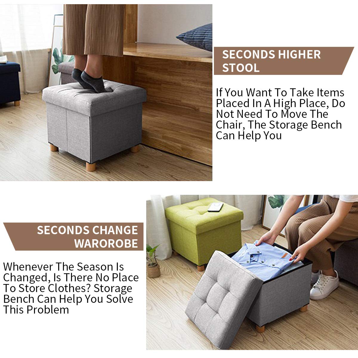 BRIAN & DANY Folding Storage Ottoman with Wood Legs - Light Gray Linen