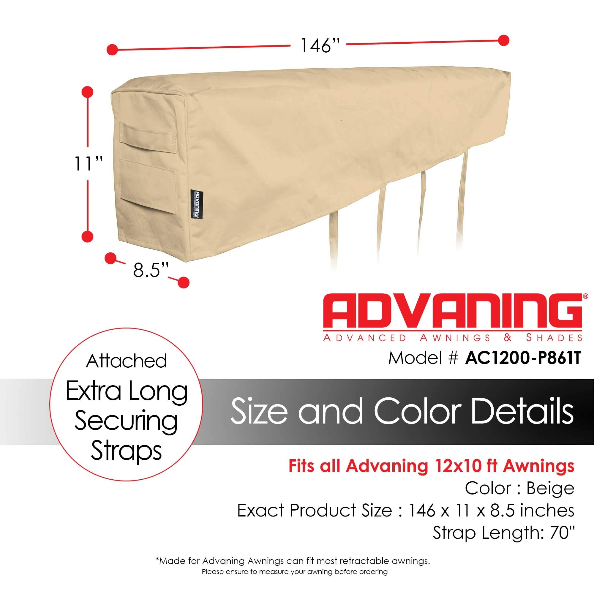 Advaning 12' Retractable Awning Cover – Heavy Duty Waterproof Polyester, Beige