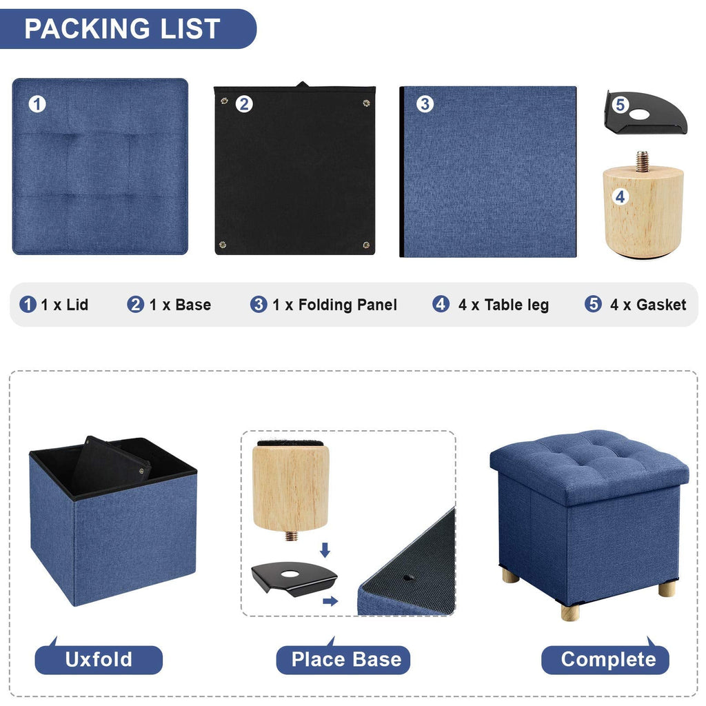 BRIAN & DANY Folding Storage Ottoman with Wood Legs - Navy Blue Linen