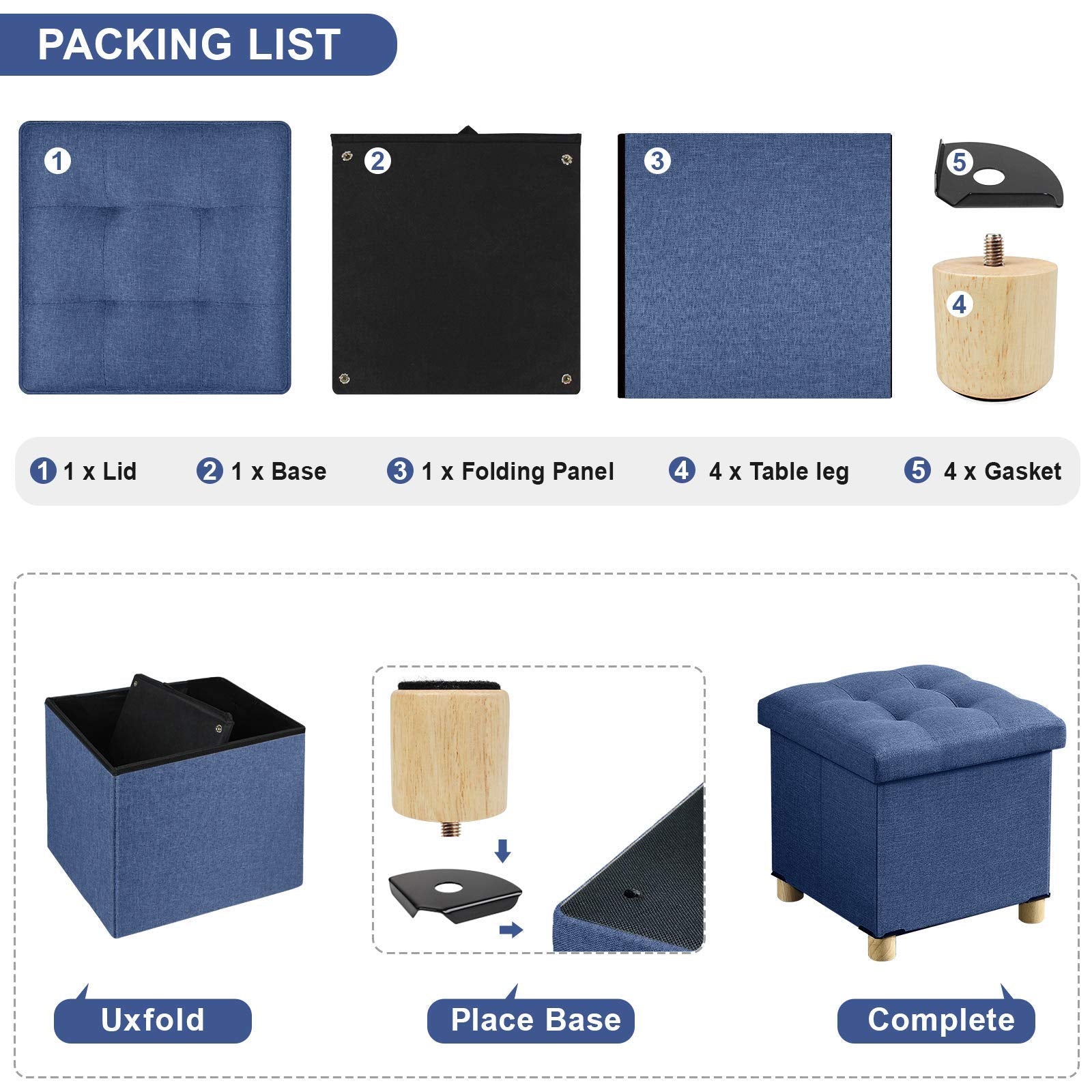 BRIAN & DANY Folding Storage Ottoman with Wood Legs - Navy Blue Linen