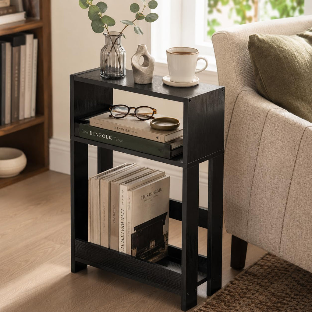 ZEXVIDA Narrow Side Table with Storage Shelf, 3-Tier Slim End Table & Nightstand for Bedroom, Living Room, Sofa Side Table for Small Spaces Black