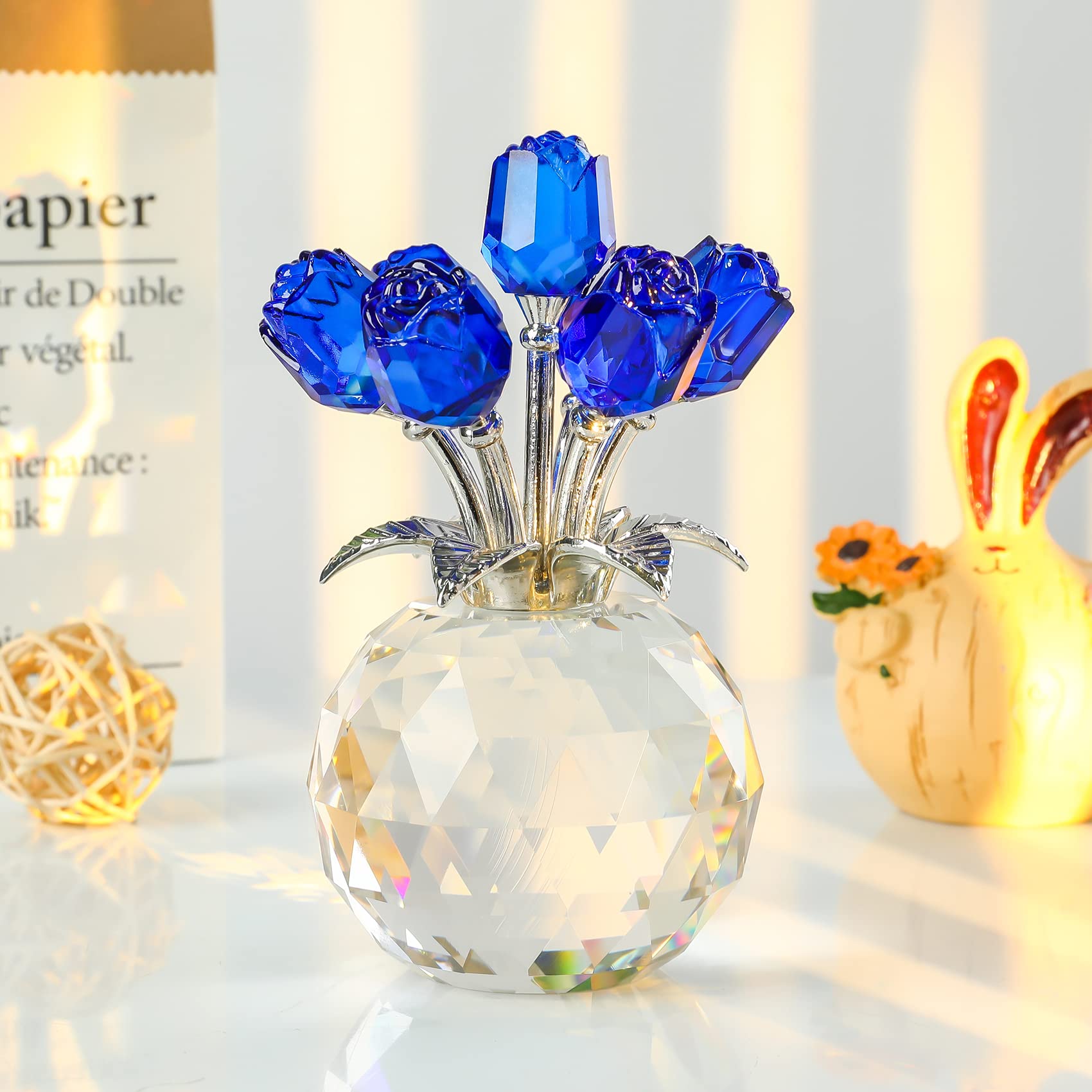 Crystal Blue Rose Bouquet Figurine | K9 Glass Floral Ornament