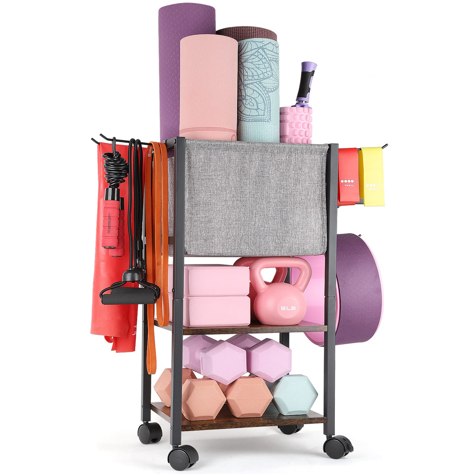 VINAEMO Yoga Mat Storage Rack - Home Gym Organizer with Hooks & Wheels
