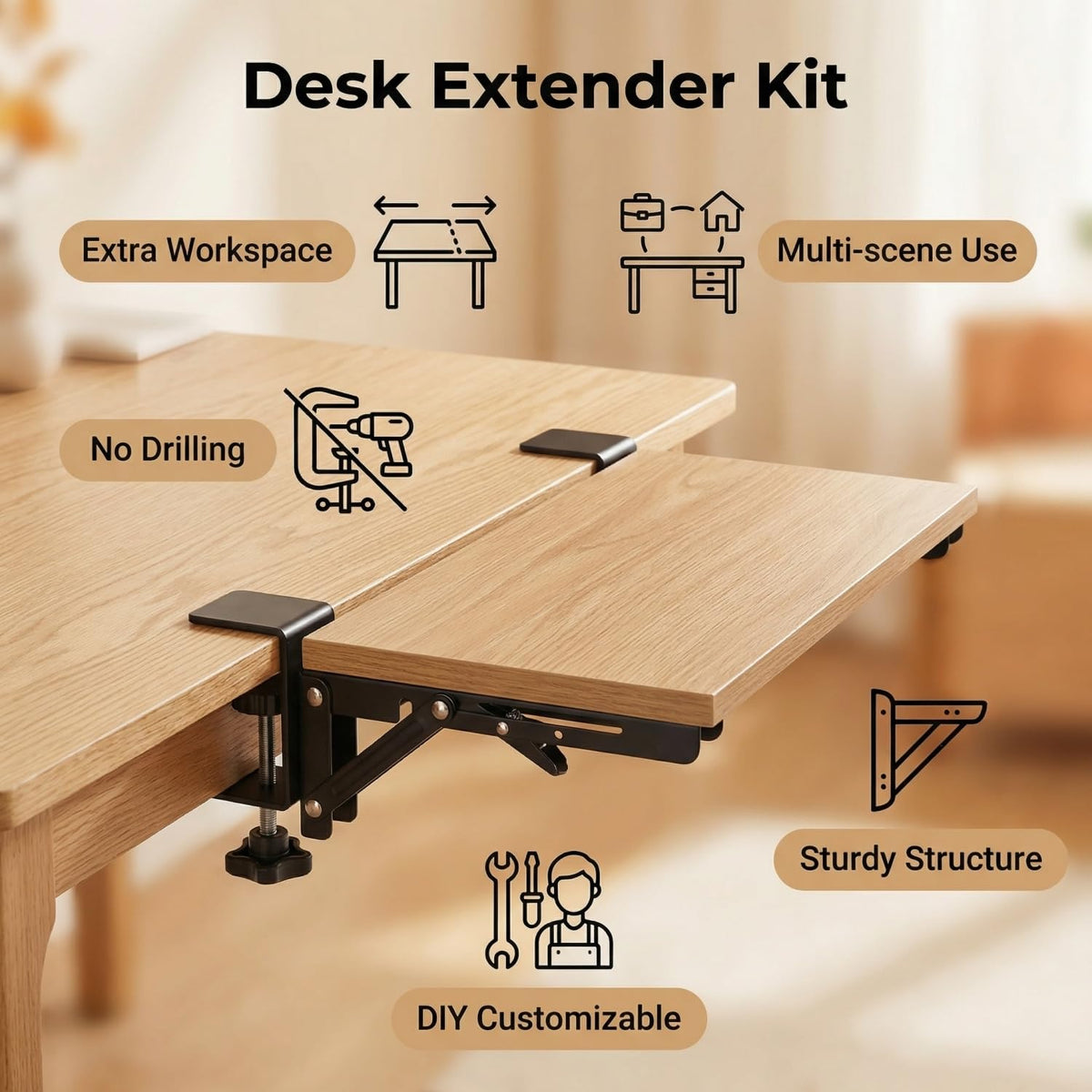 Adjustable Desk Extender,Folding Shelf Bracket with Table-Mount Clip,2 Pcs - image 3
