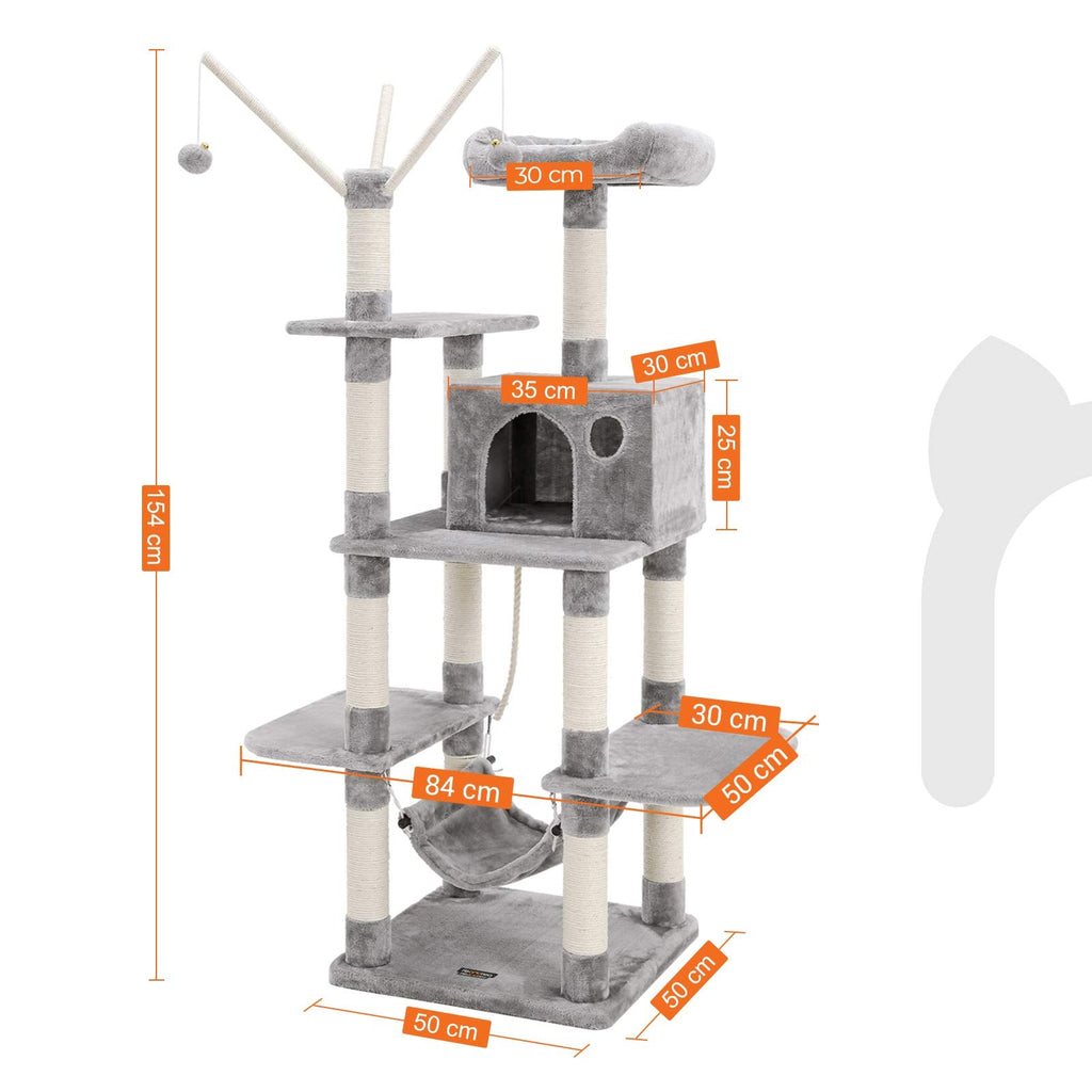FEANDREA Cat Tree Tower with Condo, Hammock and Perch – Light Grey