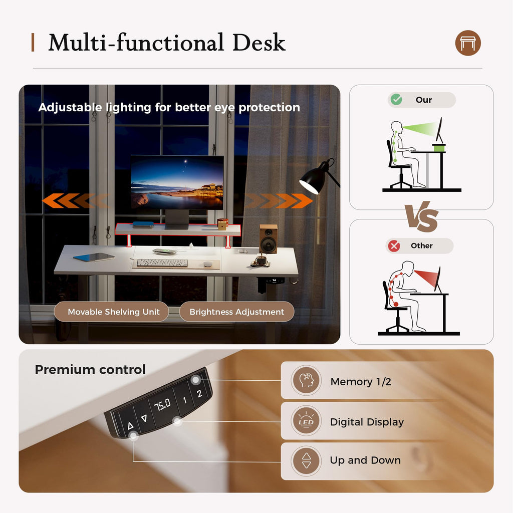 Klicelor Electric Standing Desk, Led & Plug, Movable Monitorstand, 140x60 - image 5