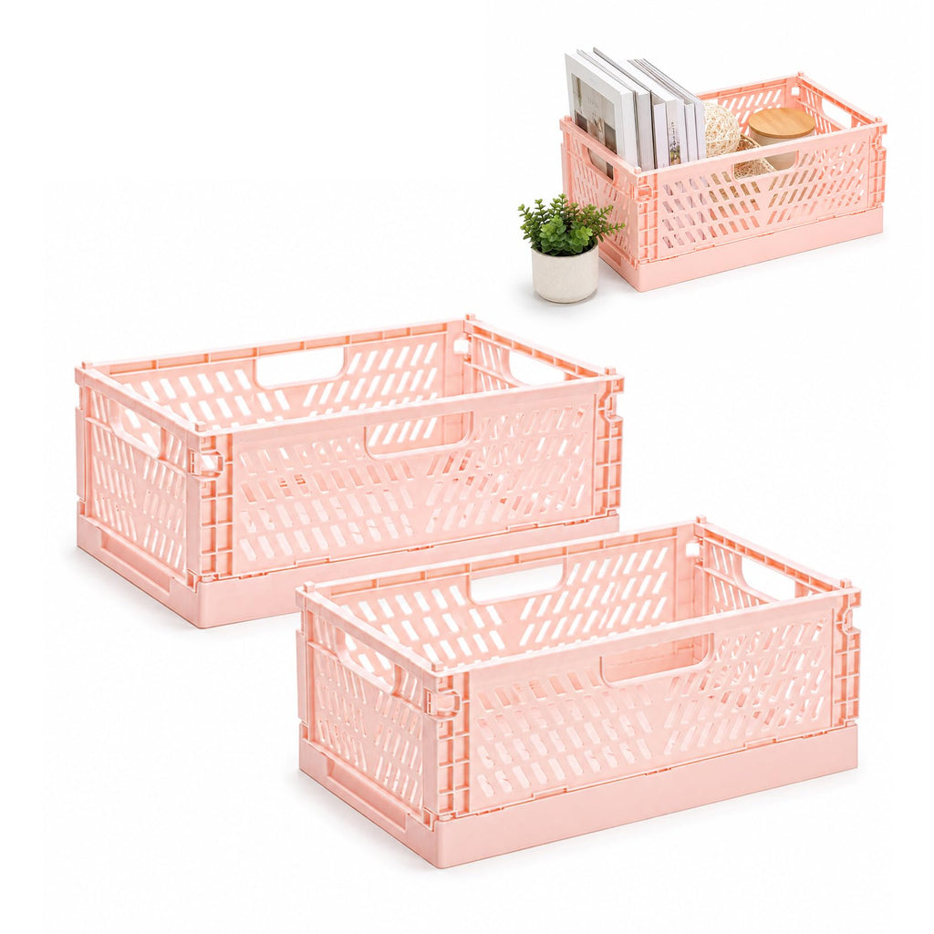 PIANKEKE 2 Pcs Collapsible Storage Box Pink, Plastic Stackable Folding Storage Crates with Handles - image 1