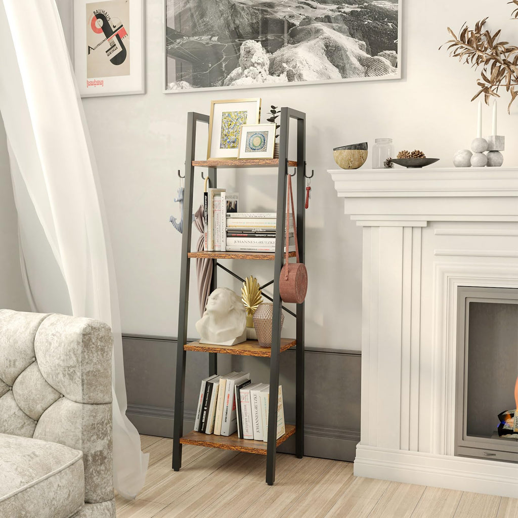 YMYNY 4-Tier Ladder Bookshelf | 125CM Industrial Rustic Brown Shelving Unit