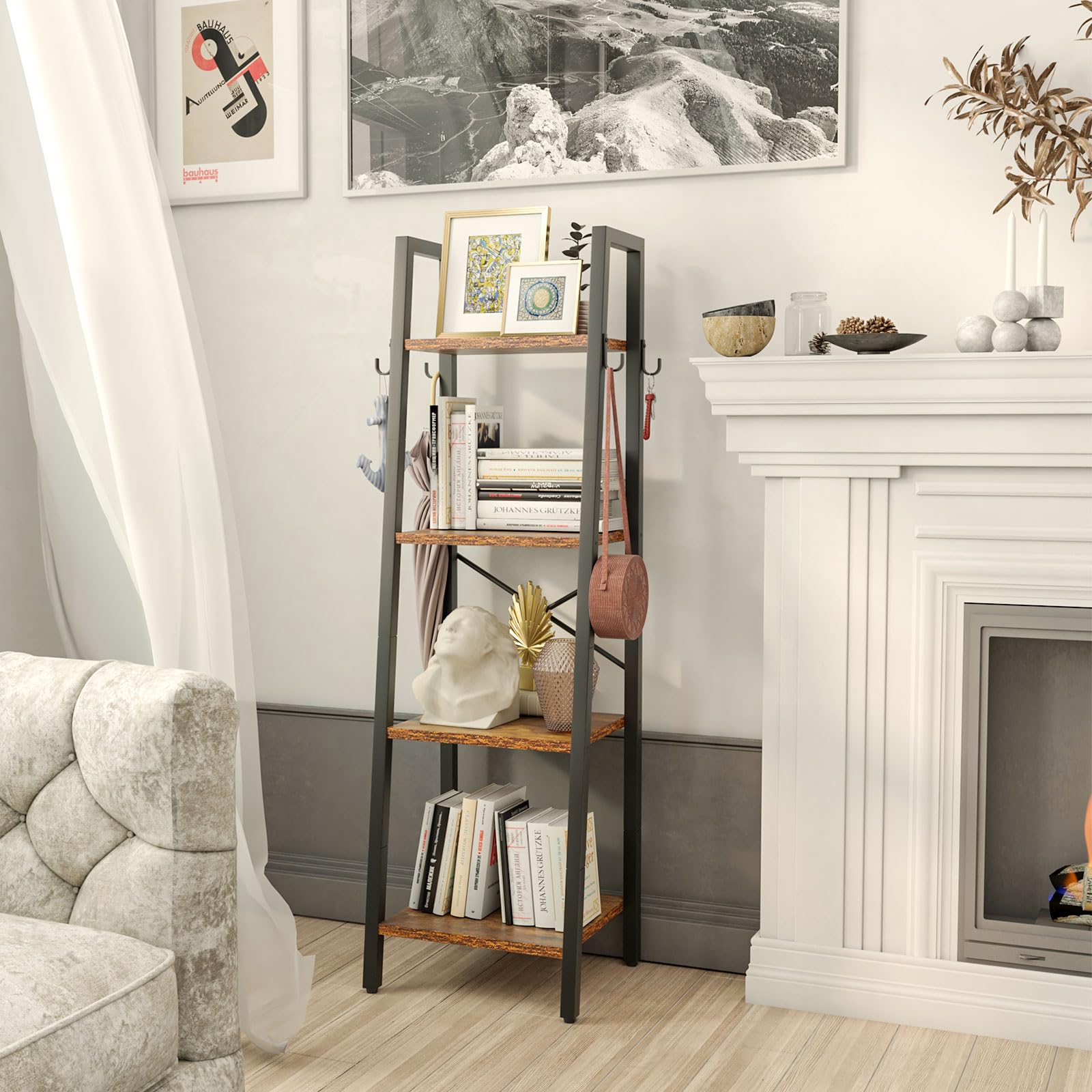 YMYNY 4-Tier Ladder Bookshelf | 125CM Industrial Rustic Brown Shelving Unit