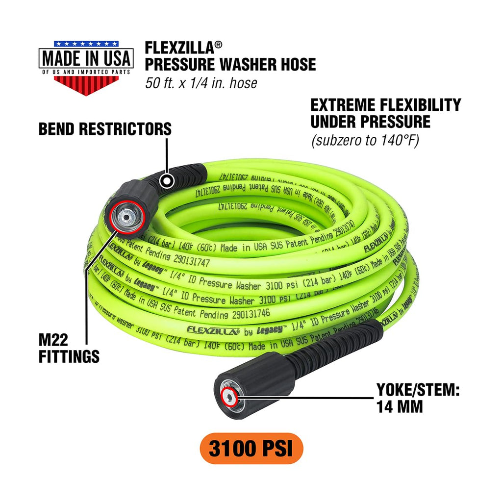 Flexzilla Pressure Washer Hose | 1/4 in. x 50 ft. Hybrid Polymer – 3100 PSI