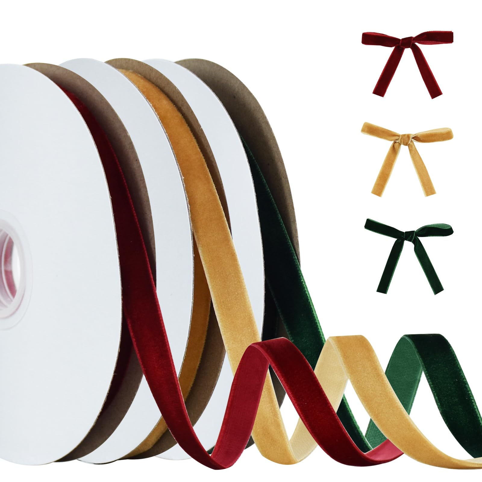 RIBBOOO Vintage Velvet Ribbon Set - 3/8 Inch Red Green Khaki for Bows