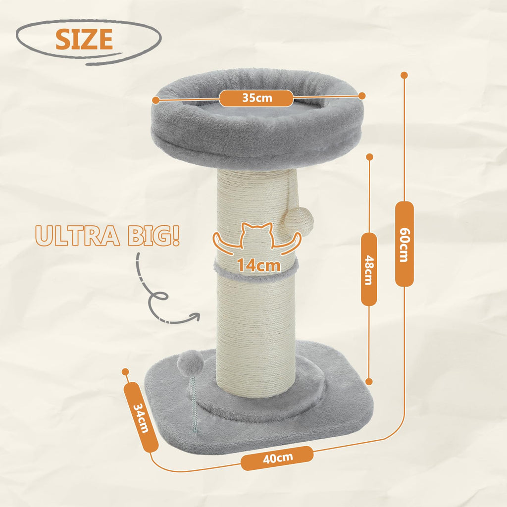 PAWZ Road Tall Cat Scratching Post with Plush Bed and Sisal Rope – Grey