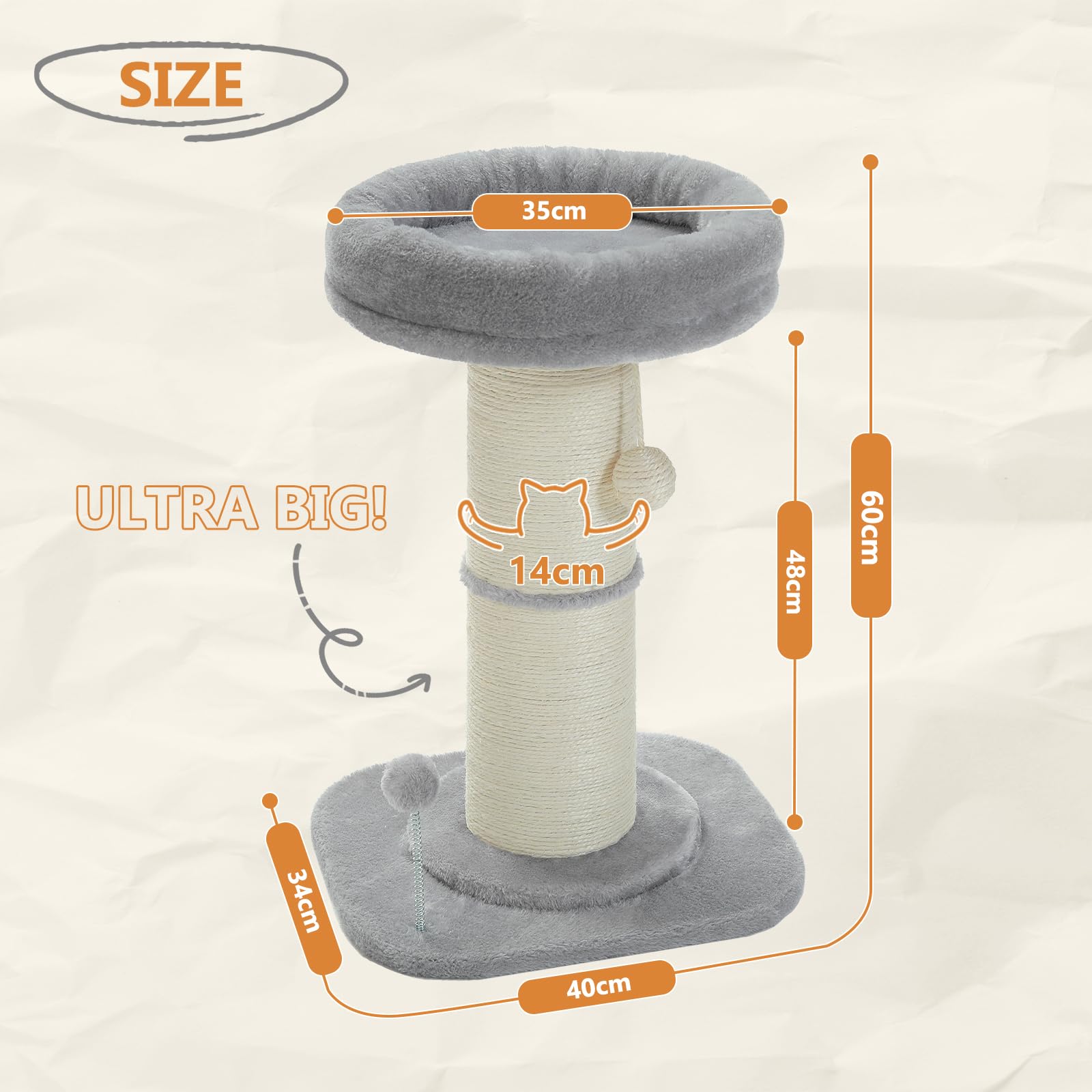 PAWZ Road Tall Cat Scratching Post with Plush Bed and Sisal Rope – Grey