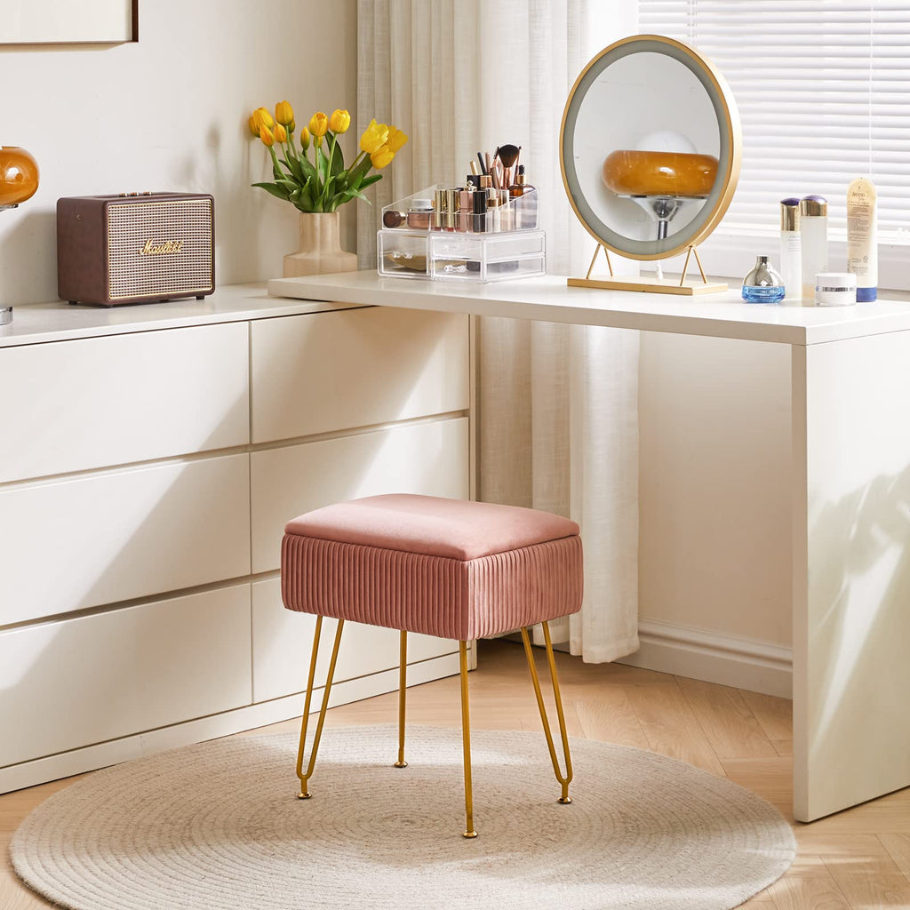 YMYNY Velvet Storage Ottoman | Pink Vanity Stool with Metal Legs