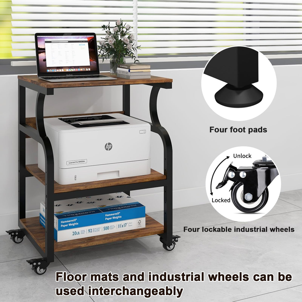 PUNCIA 3-Tier Movable Printer Stand Table with Storage for Home Office
