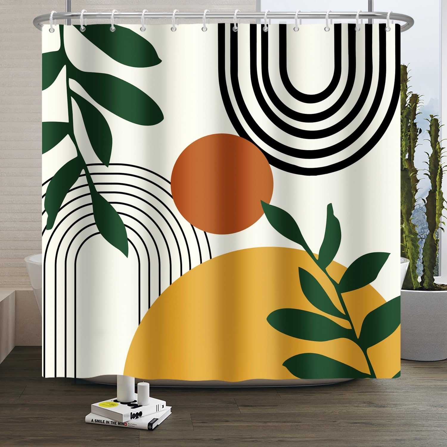 Xiaoterna Boho Sun Line Shower Curtain | Beige Waterproof Polyester Fabric