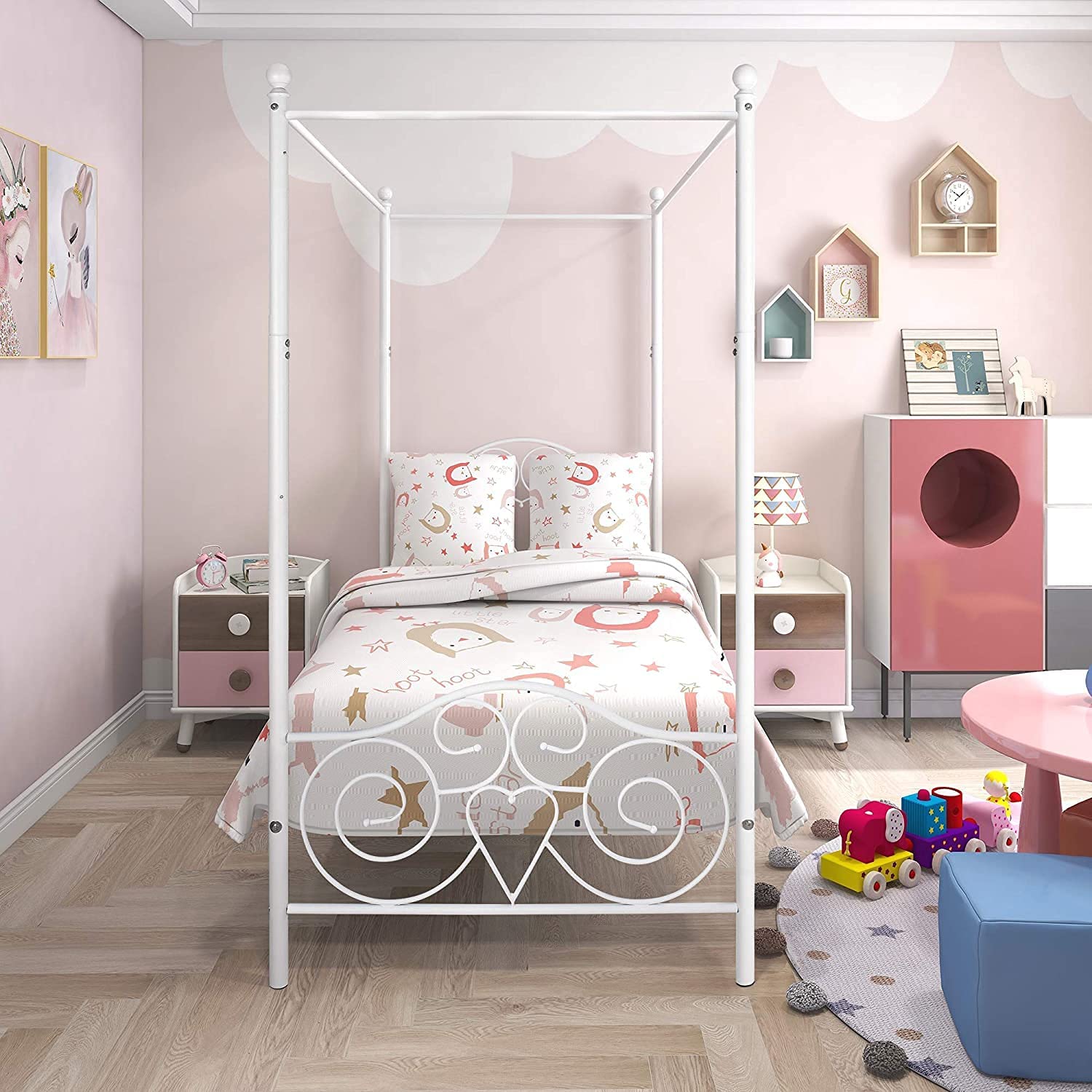HAHRIR Single Canopy Bed Frame – Metal Platform Bed with Headboard, White