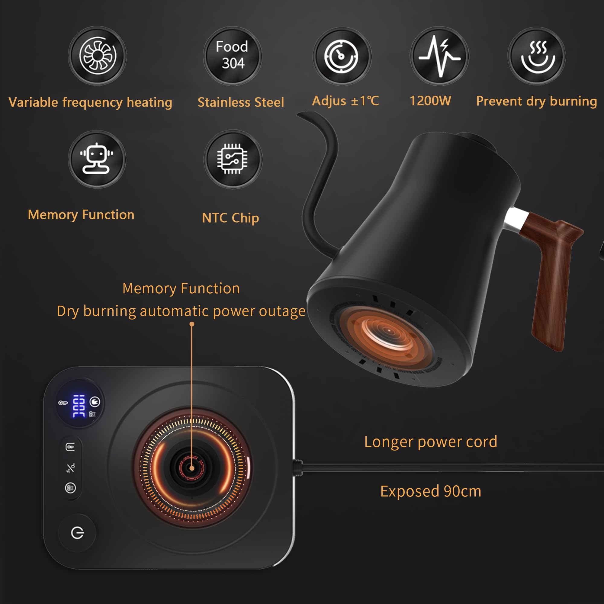 RHD Electric Gooseneck Kettle | 1200W Temp Control Stainless Steel Pot