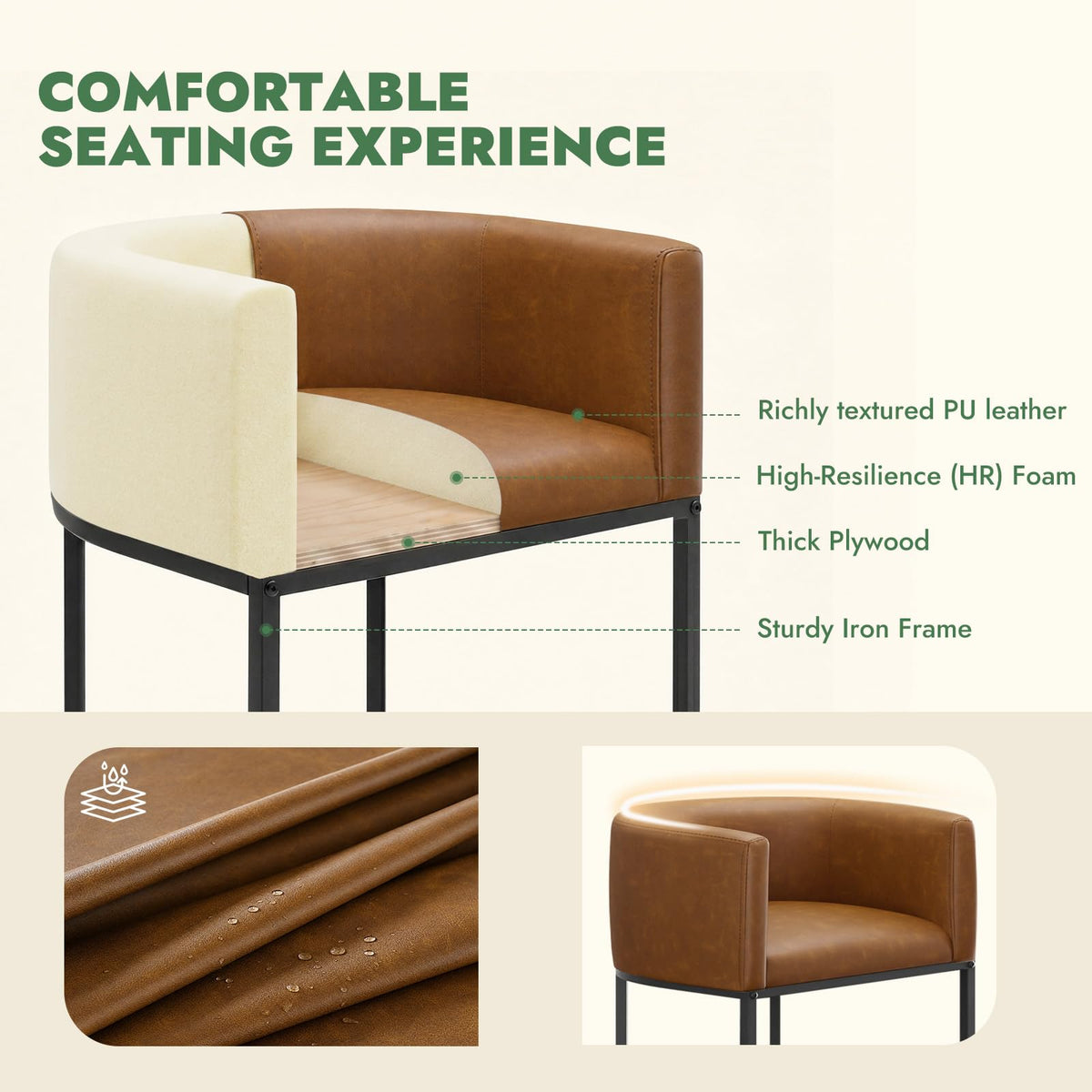 KRAMZMING Counter Height Bar Stools Set of 2, 24 Inch Faux Leather, Brown - image 3
