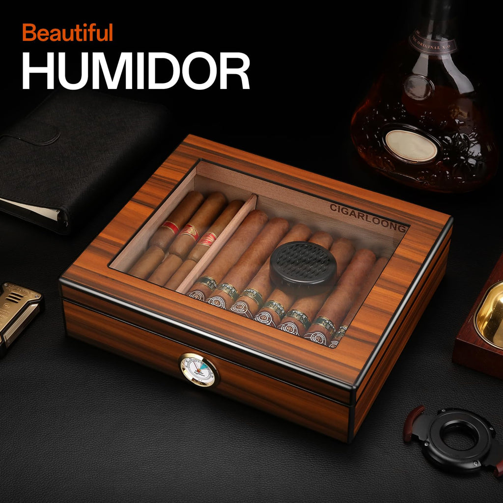CIGARLOONG Cedar Wood Cigar Humidor | Brown Desktop Box with Glass Top