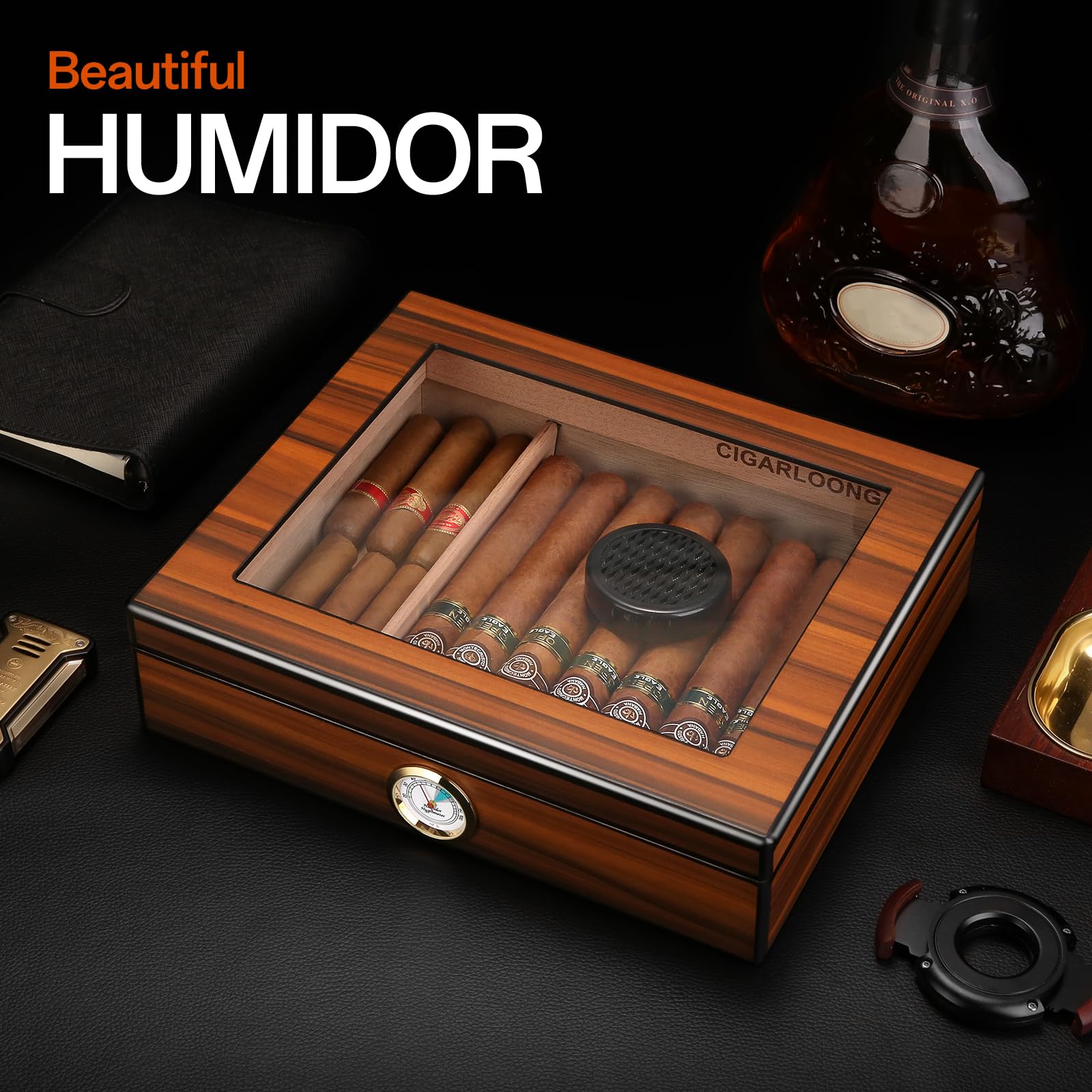 CIGARLOONG Cedar Wood Cigar Humidor | Brown Desktop Box with Glass Top