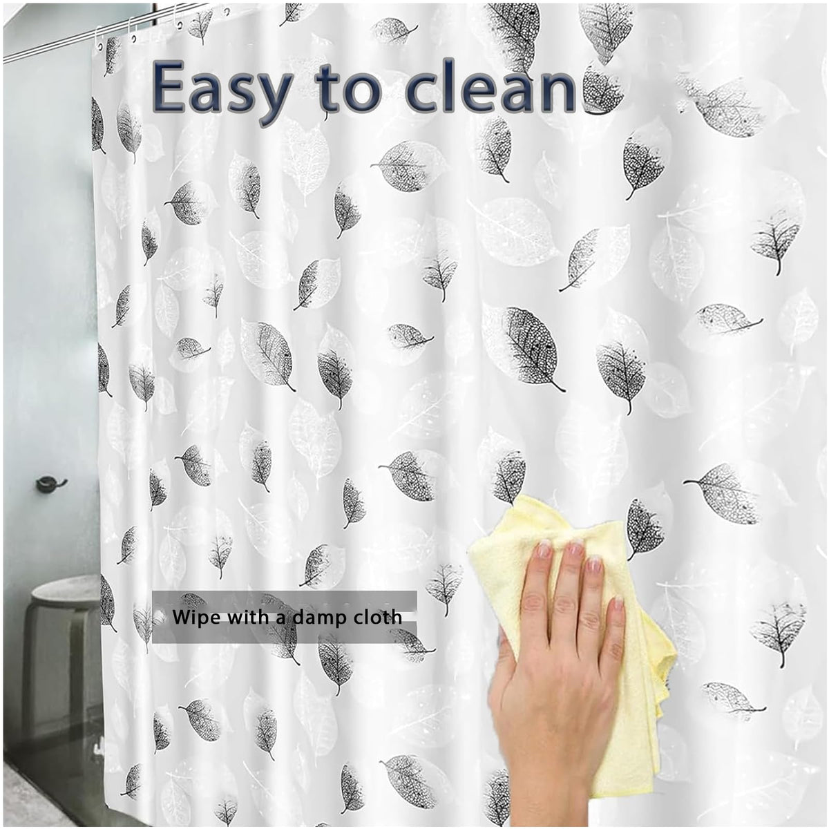 Shower Curtains Mould Proof Resistant - Leaves Patterned Semi-Transarent Shower Curtain, PEVA Waterproof Bathroom Curtains with 12 Hooks, 180 x 180 cm - image 5