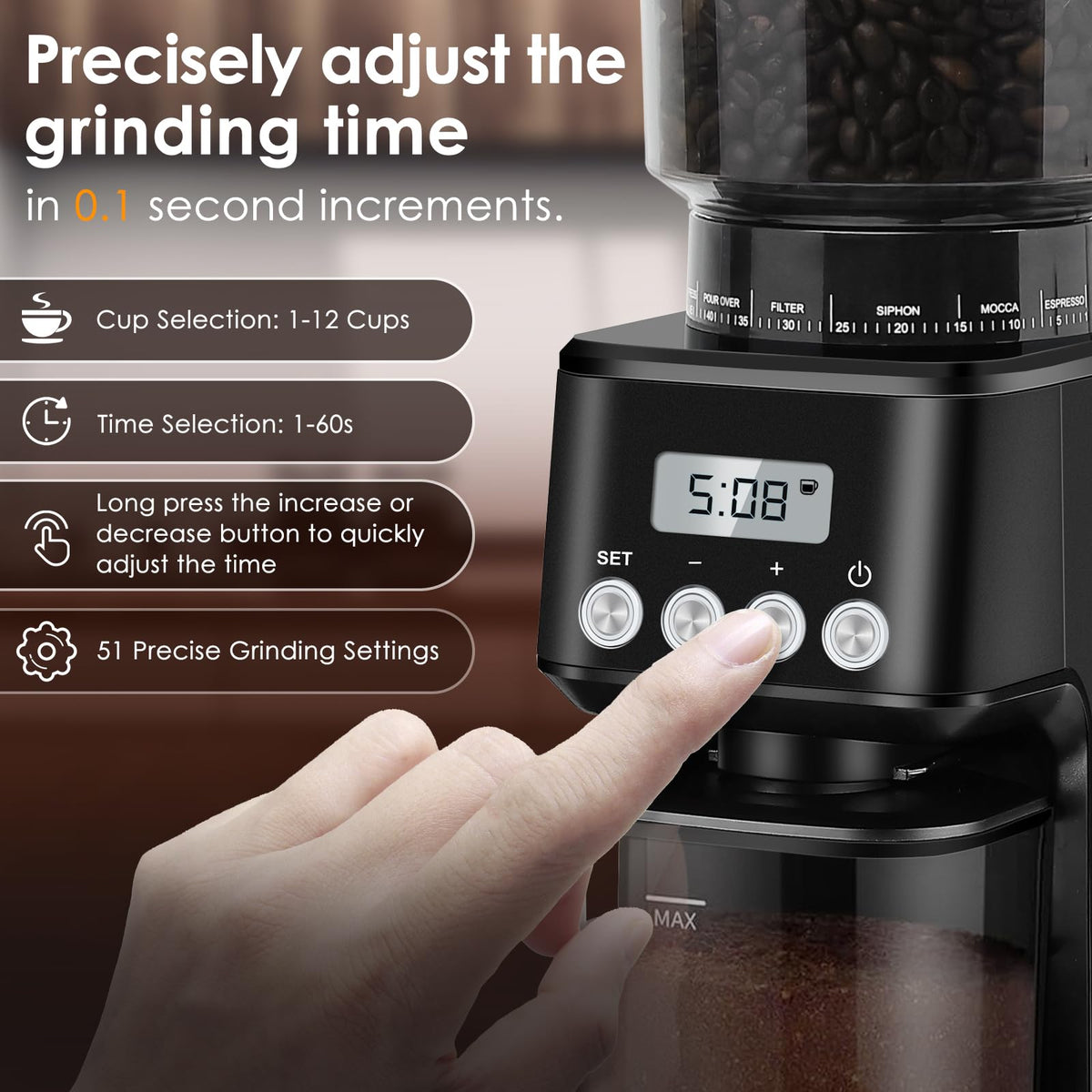 Homtone Conical Burr Coffee Grinder - 51 Grind Settings, Anti-Static