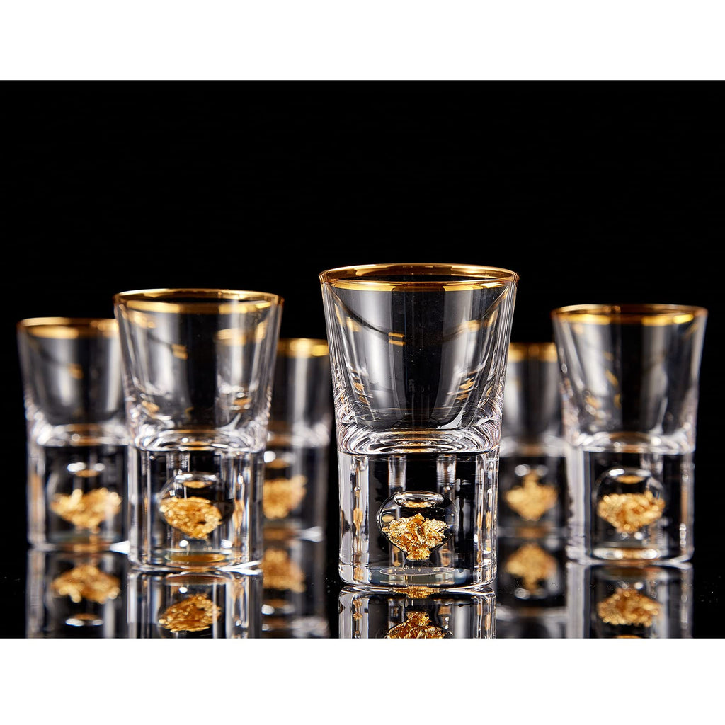 DUJUST Crystal Shot Glass Set – 24K Gold Leaf Flakes & Rim (6 Pcs, 45ml)